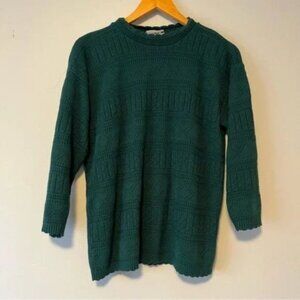 Vintage Forest Green Knitted Sweater with Scalloped Hem mock neck size large